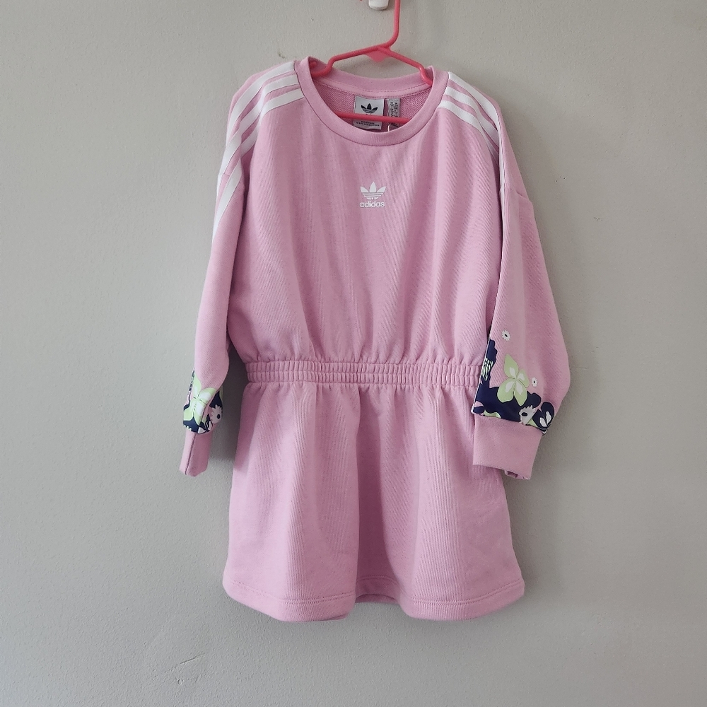 Adidas dress pink floral sleeve girl size 2XS 5-6 new adidas original 3 stripes